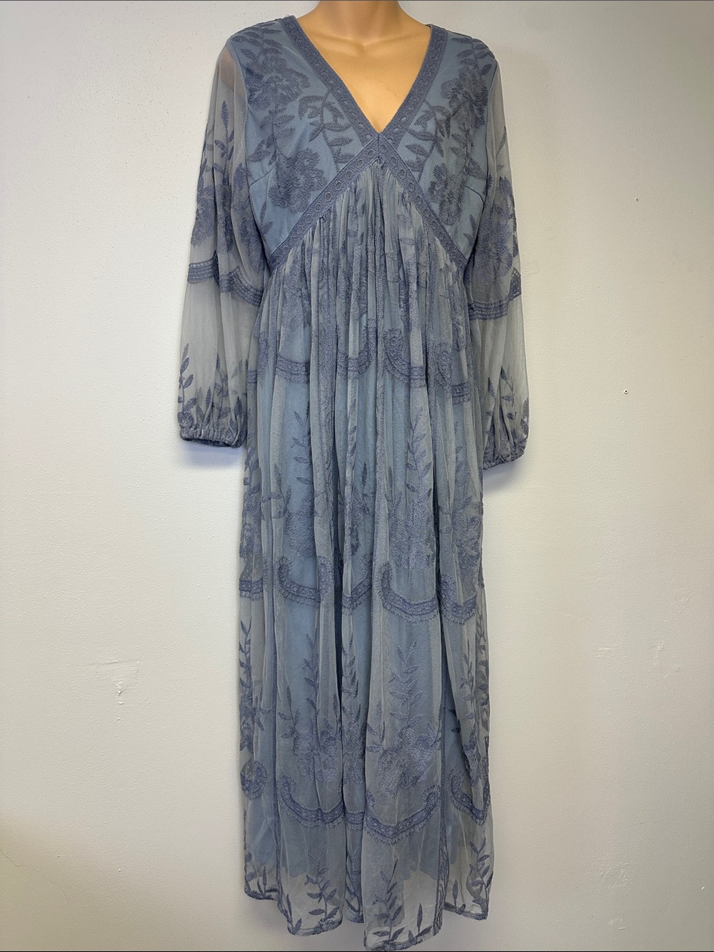 PinkBlush Dusty Blue V-Neck Lace Overlay Long Sleeve Maxi Dress
